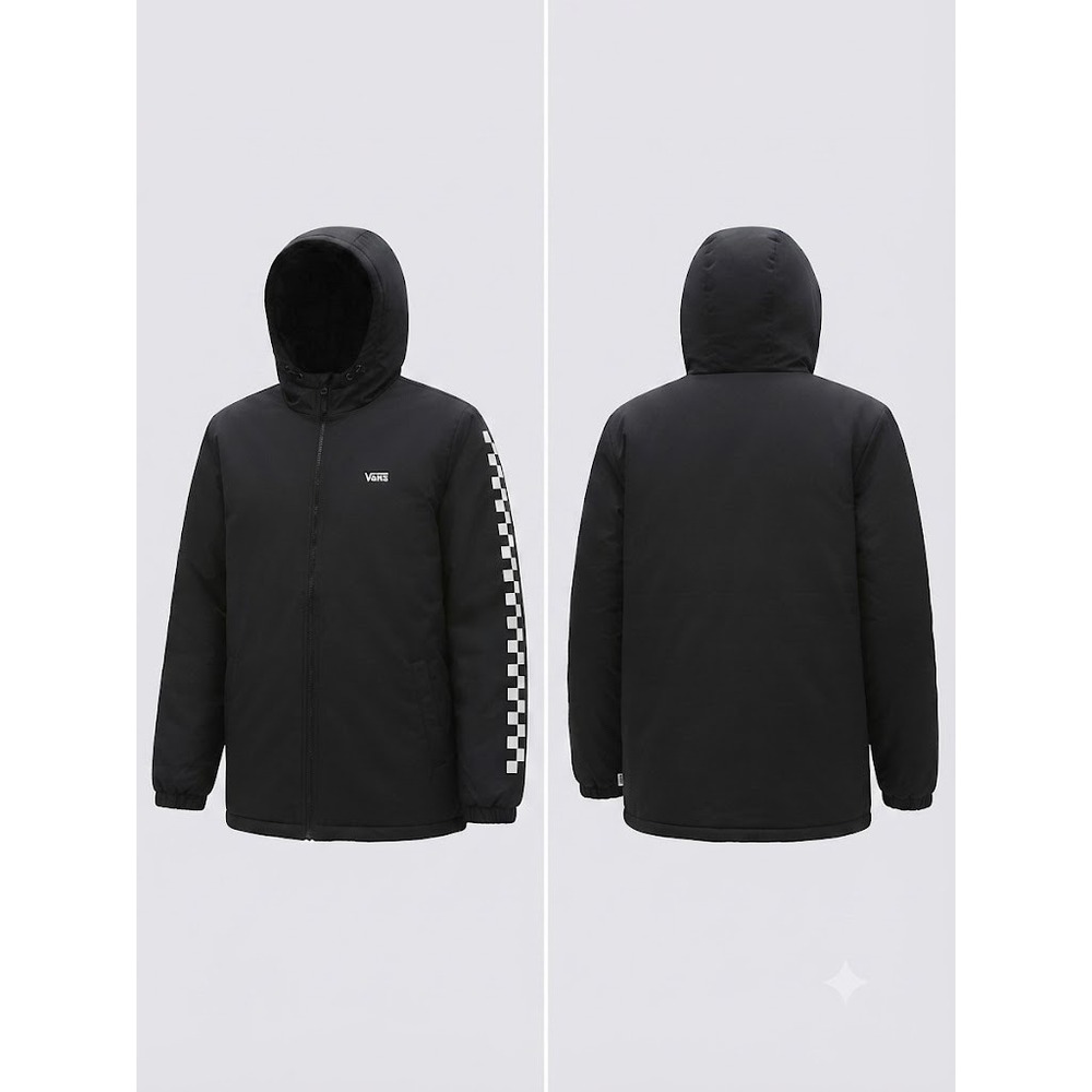 Vans Jacket Mens Small Black Checkerboard Sleeve Hooded Full Zip Puffer Skater